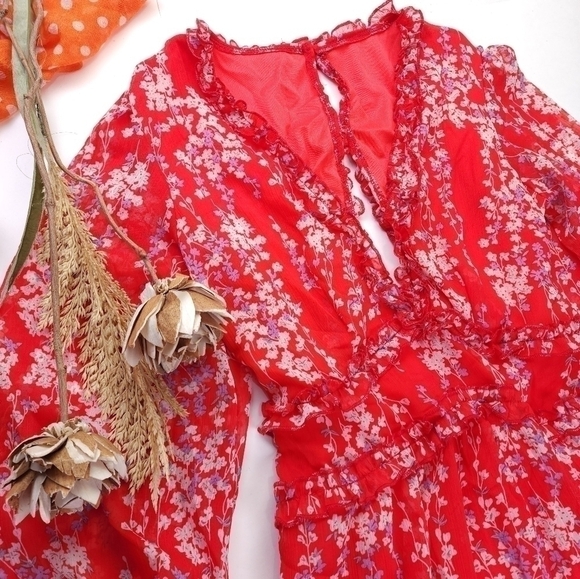 Red Pink Floral Boho Gorgeous Keyhole Back Dress Size M - Picture 2 of 14